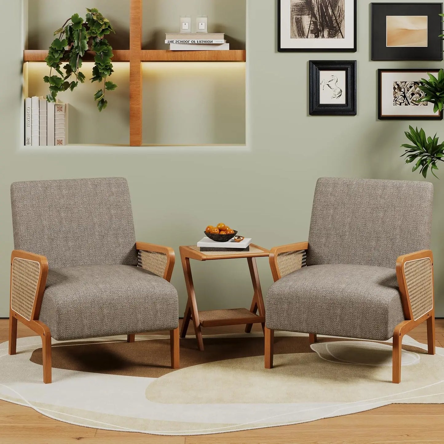 Natural Rattan Living Room Chairs Accent Chair Armchair Set of 2 Modern Fabric Slipper Club Chair