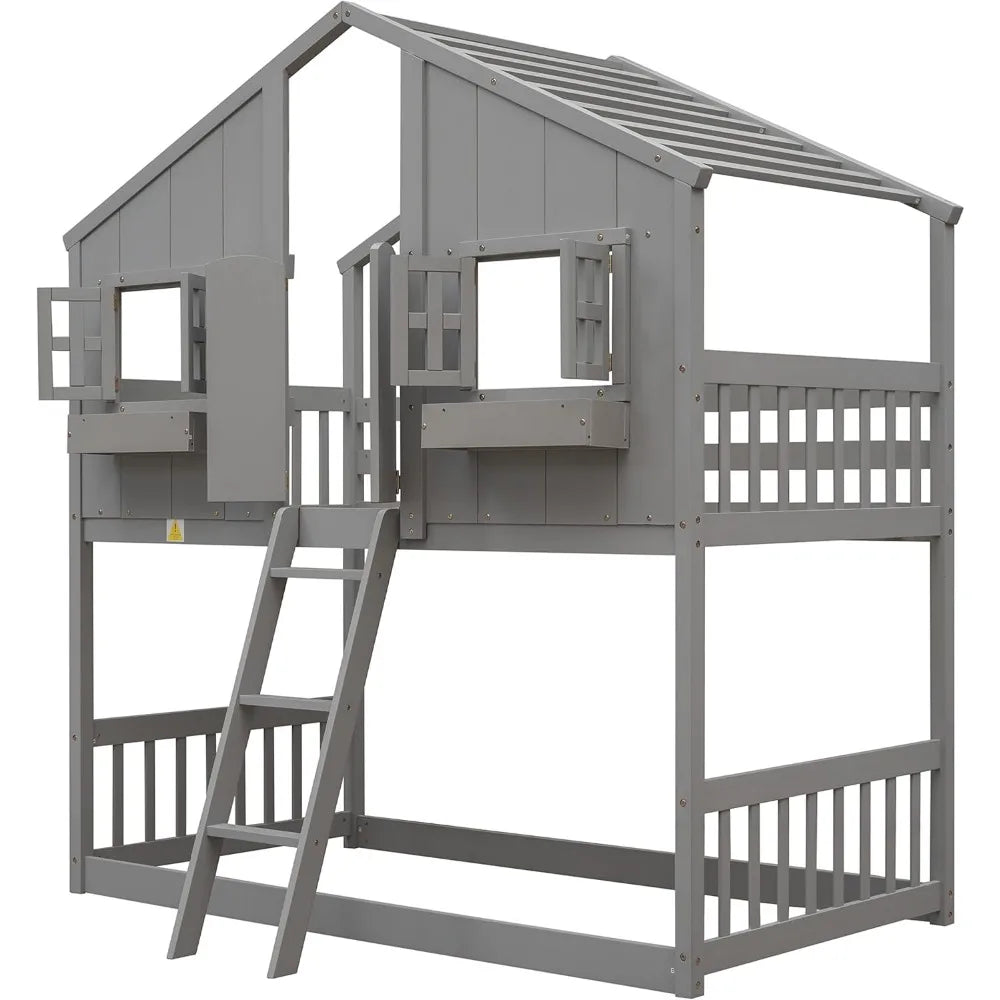 House Bunk Bed Twin Over Twin Wood Bunk Beds , Windows, Window Box and Small Door, Floor Bunk Beds with Ladder and Guard Rails