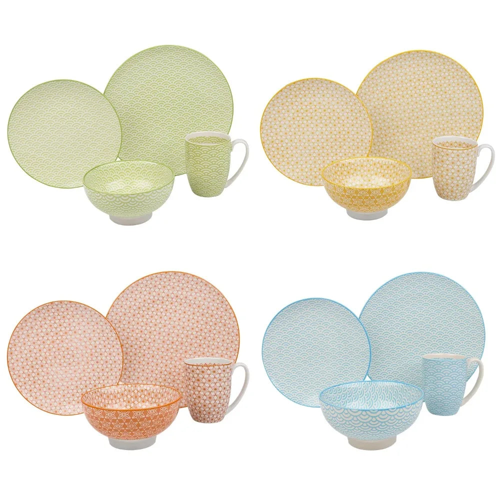 16PCS tableware Porcelain Multi-Colour Japanese-style Dinnerware Set with 4 Dinner Plate Dessert Plate Bowl Mug