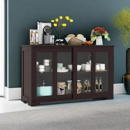 Buffet Sideboard with Storage, with Sliding Tempered Glass Cabinet & Adjustable Shelf, Stackable Storage