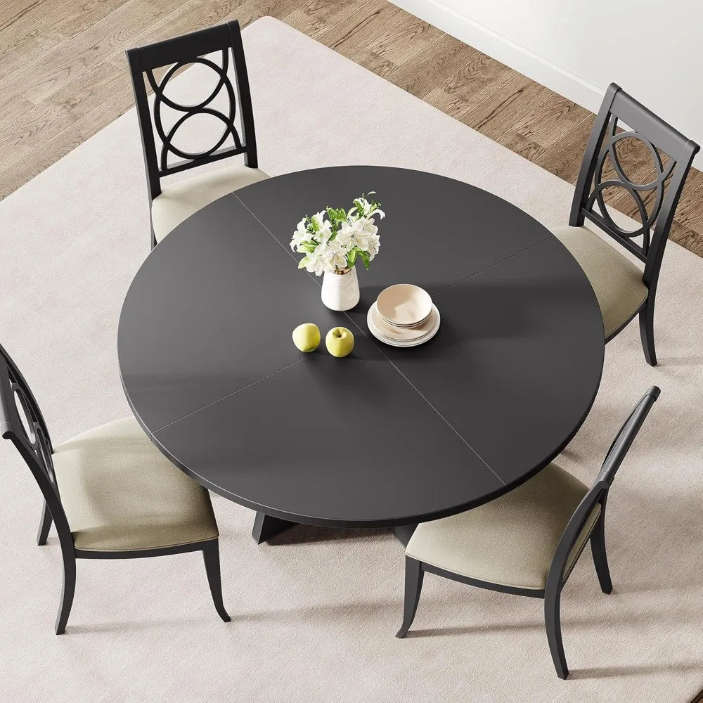 Farmhouse 47-Inch Round Large Dining Table Set for 4 to 6, with Wooden Top and Legs for Home Dining Room or Living
