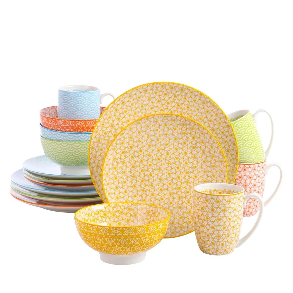 16PCS tableware Porcelain Multi-Colour Japanese-style Dinnerware Set with 4 Dinner Plate Dessert Plate Bowl Mug
