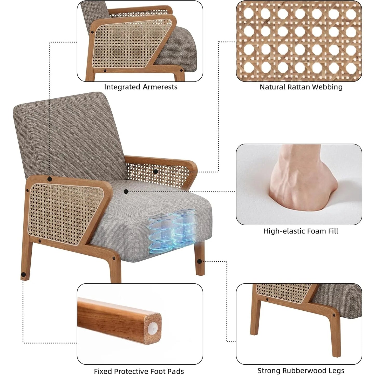 Natural Rattan Living Room Chairs Accent Chair Armchair Set of 2 Modern Fabric Slipper Club Chair