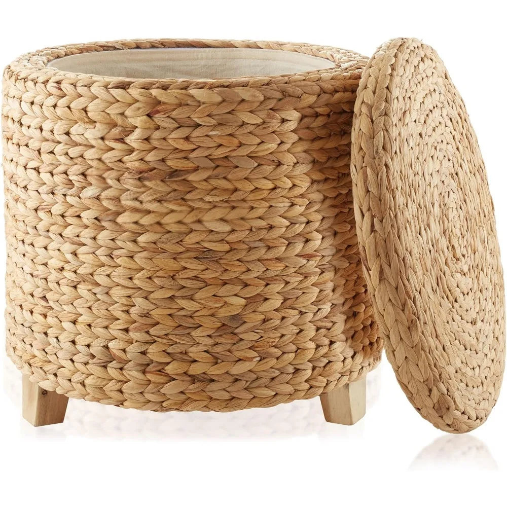 17" Round Storage Ottoman with Lid - Natural, Handwoven Water Hyacinth Footstool for Living Room
