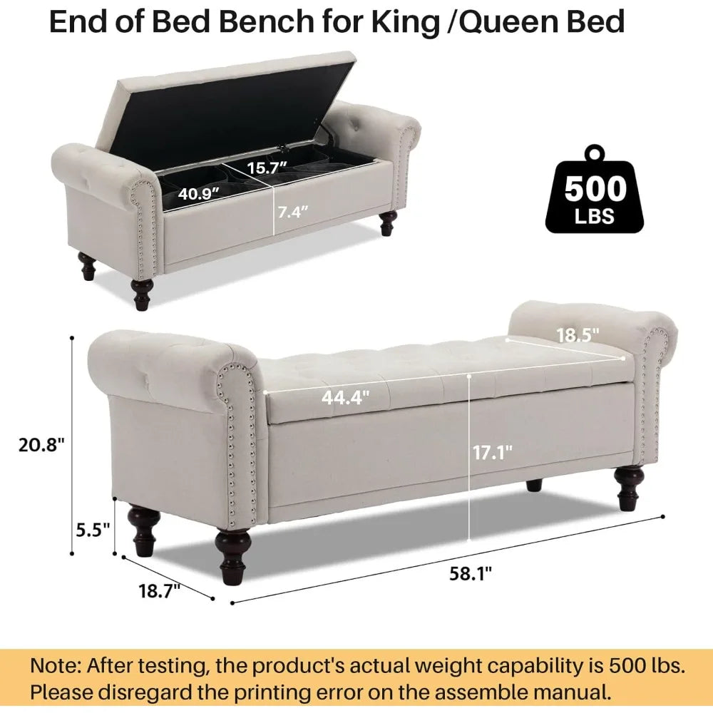 58.1'' Storage Bench Upholstered Linen, End of Bedroom Bed Bench, Ottoman with Tufted Cushion Rolled Arm Large Storage Space