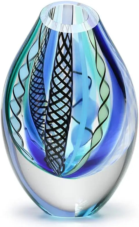 Drop Glass Vase Twisted Hippie Blue/Green Canes Hand Blown Murano-Style Art Glass