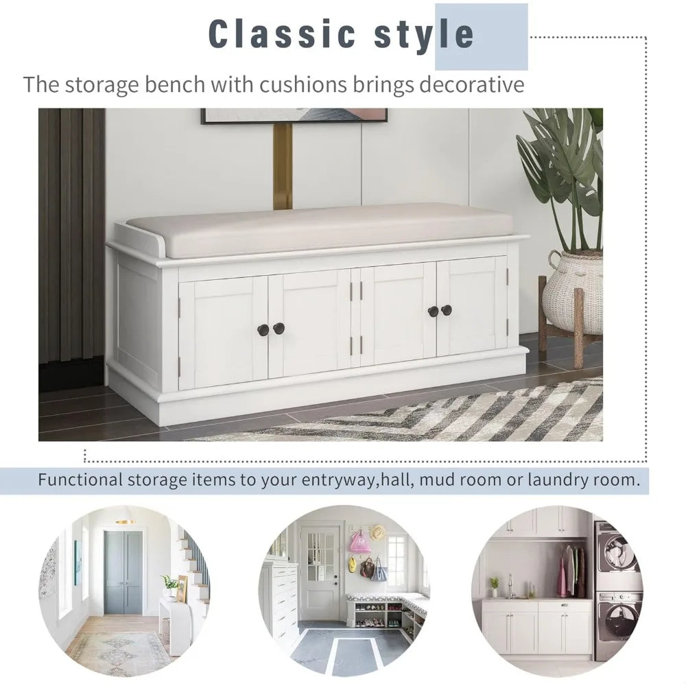 Rustic Storage Bench with 4 Doors and Adjustable Shelves Removable Cushion