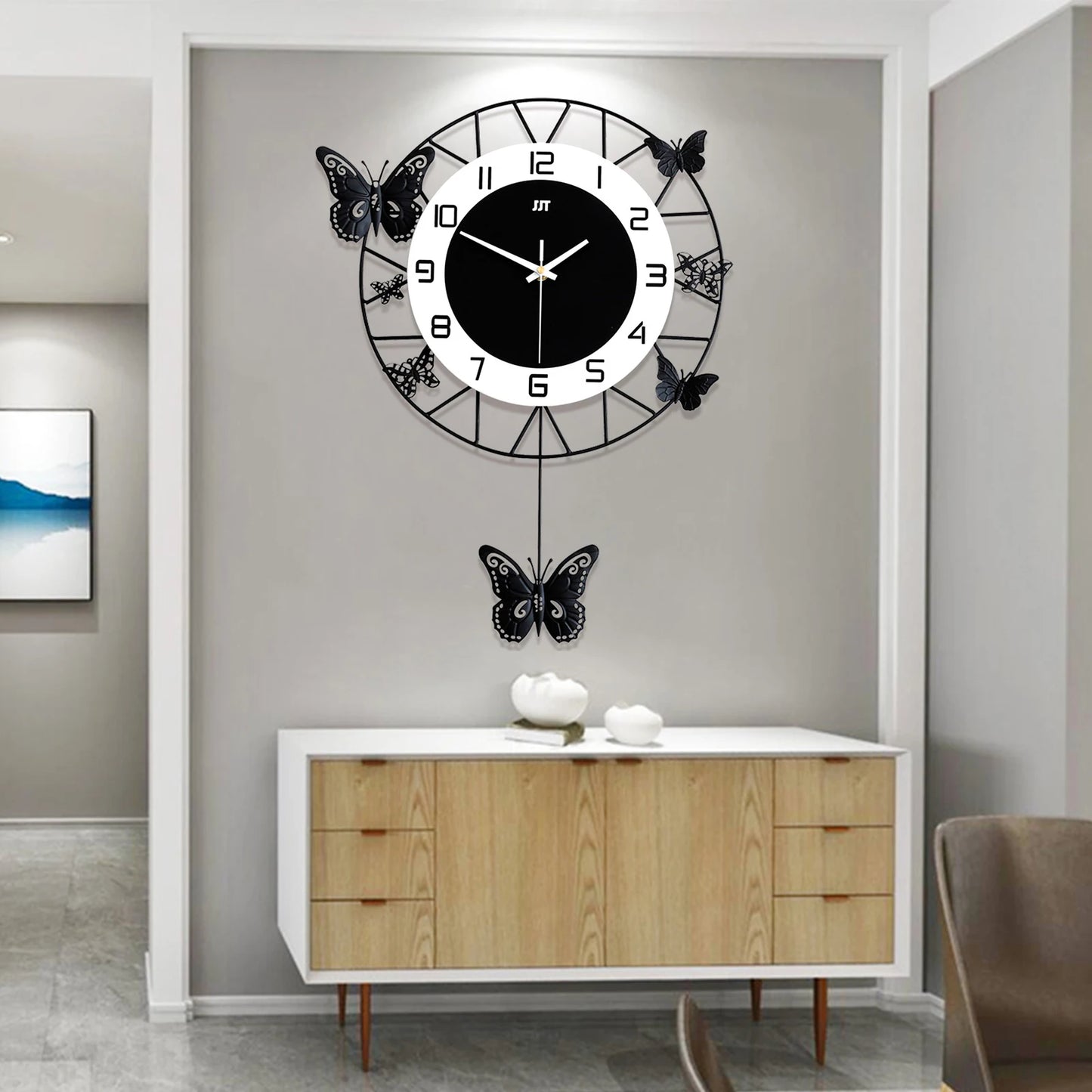 20inch Large Round Butterfly Wall-mounted Clock Creative Iron Craft