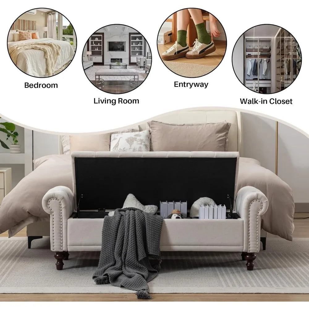 58.1'' Storage Bench Upholstered Linen, End of Bedroom Bed Bench, Ottoman with Tufted Cushion Rolled Arm Large Storage Space