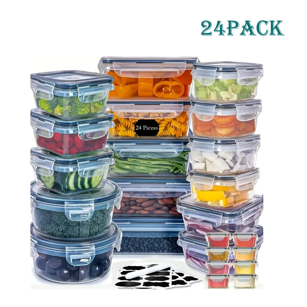 24pcs Kitchen Storage Container Set - Dishwasher Safe, Reusable Plastic Bins with Flip Lids for Fruits, Vegetables & Meats