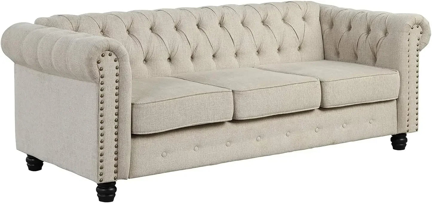 24'' Deep Seat Sofas Couches Pet-Friendly Linen Chesterfield Tufted Sofas, Beige