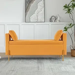 55" End of Bed Bench for King Size Bed, Upholstered Long Ottoman Bench with Arms and 2 Pillows