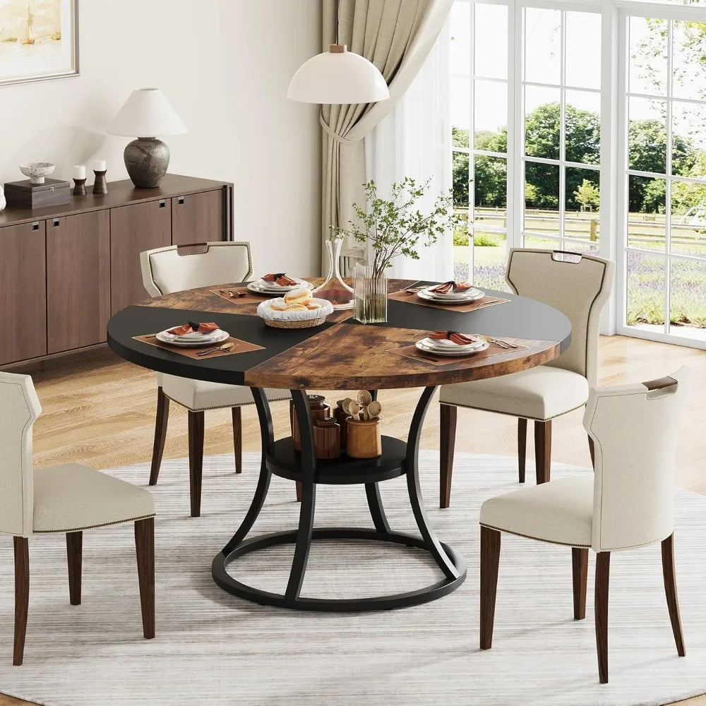 47 inch Wood Dining Room Table with Storage Shelf, Farmhouse Kitchen Table with Metal Base
