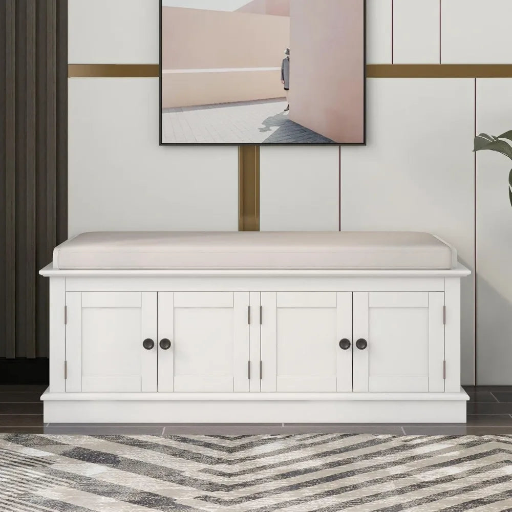 Rustic Storage Bench with 4 Doors and Adjustable Shelves Removable Cushion
