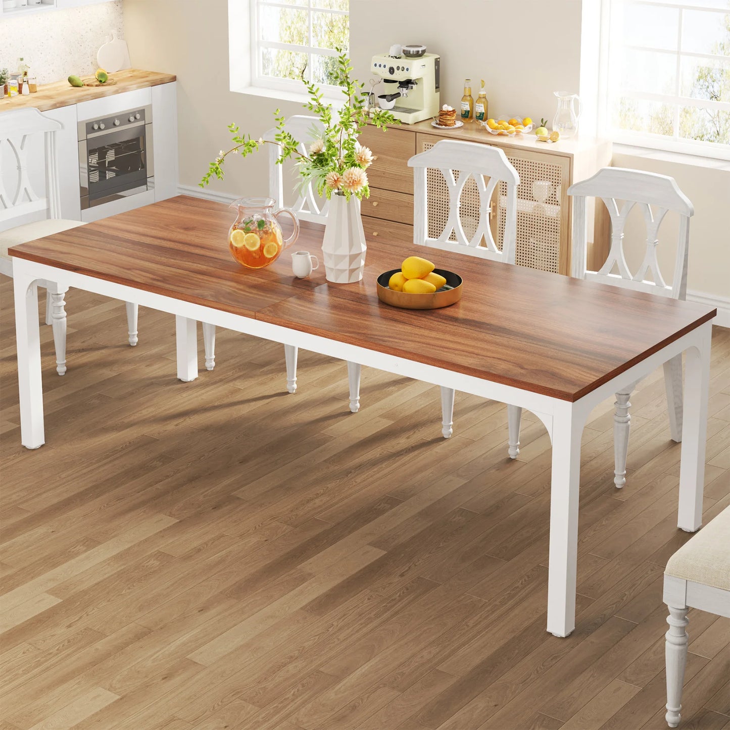 Dining Table for 6-8 People, 200cm Large Narrow Long Rectangular Kitchen Dinner Table, Rustic Wood