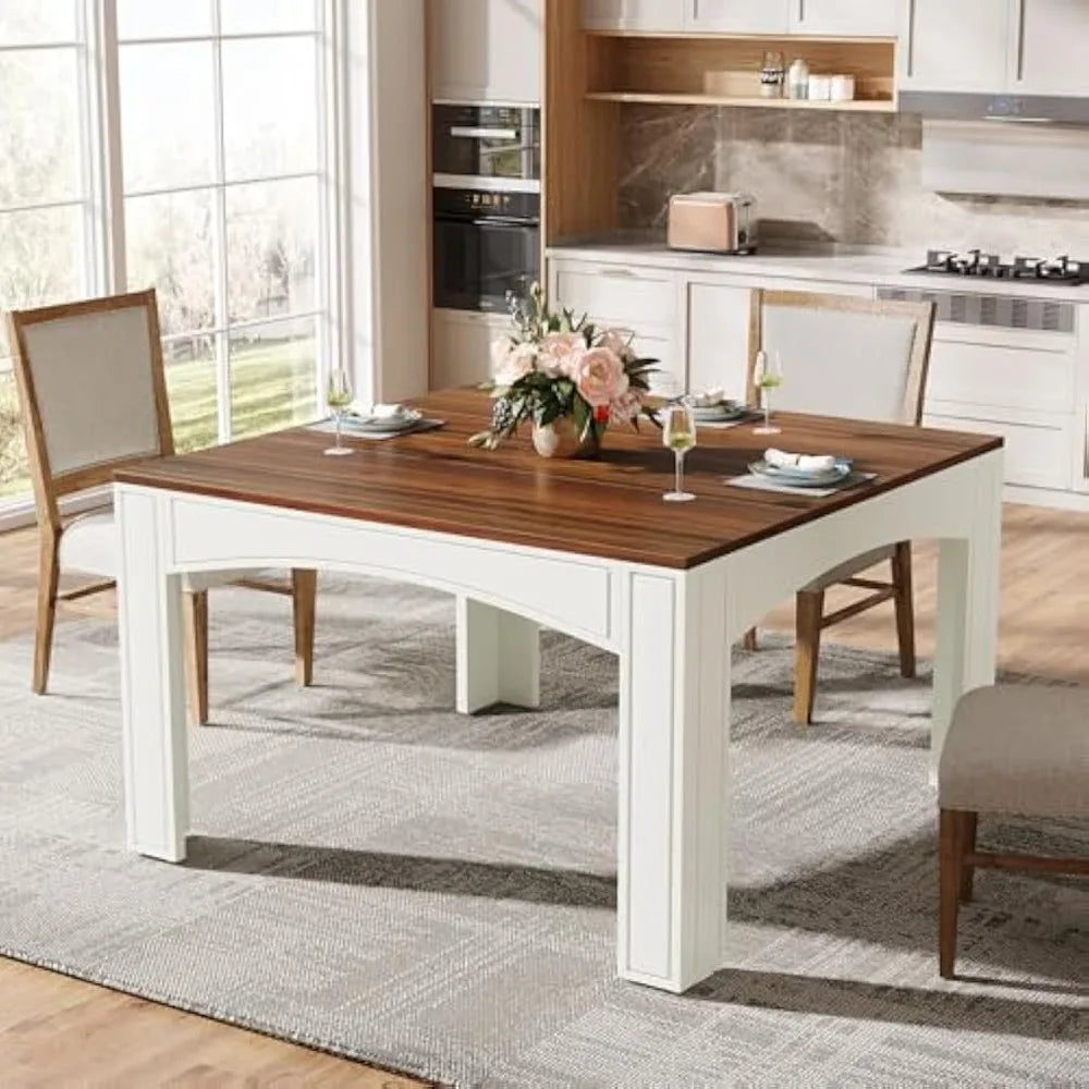 Square Dining Table for 4 Person, 39.4" Farmhouse Wood Kitchen Table Dinner Table for Dining Room, Small Space, Walnut + White