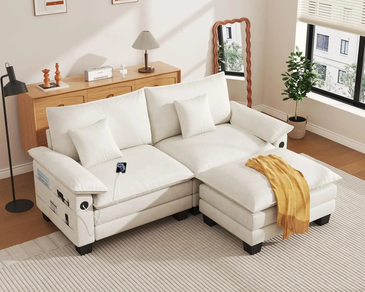 , 76.8’’ Loveseat Modular Sectional Sofa L Shaped Cloud Couch with USB, Side Pocket with Movable Ottoman