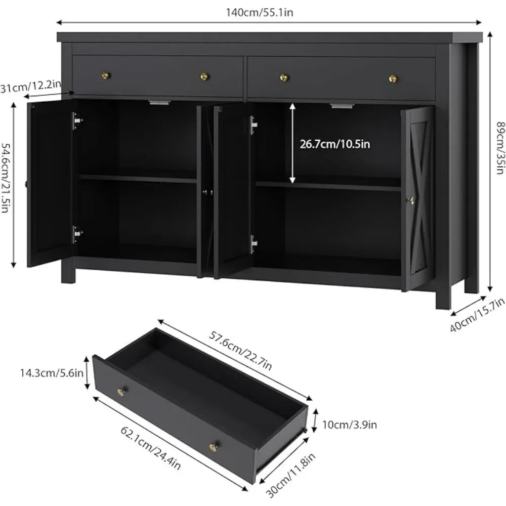 55" Large Sideboard Buffet Cabinet with Storage, with 2 Drawers and 4 Doors