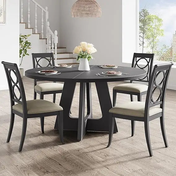 Farmhouse 47-Inch Round Large Dining Table Set for 4 to 6, with Wooden Top and Legs for Home Dining Room or Living