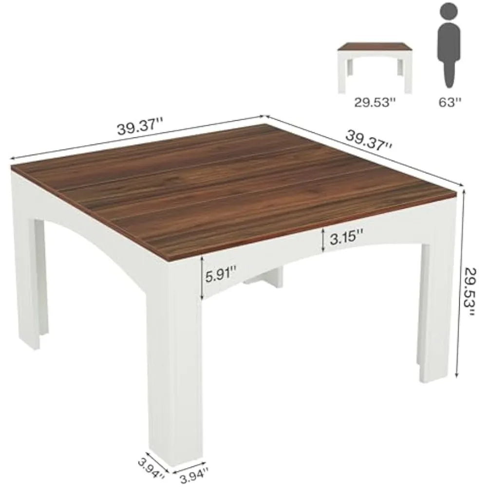 Square Dining Table for 4 Person, 39.4" Farmhouse Wood Kitchen Table Dinner Table for Dining Room, Small Space, Walnut + White