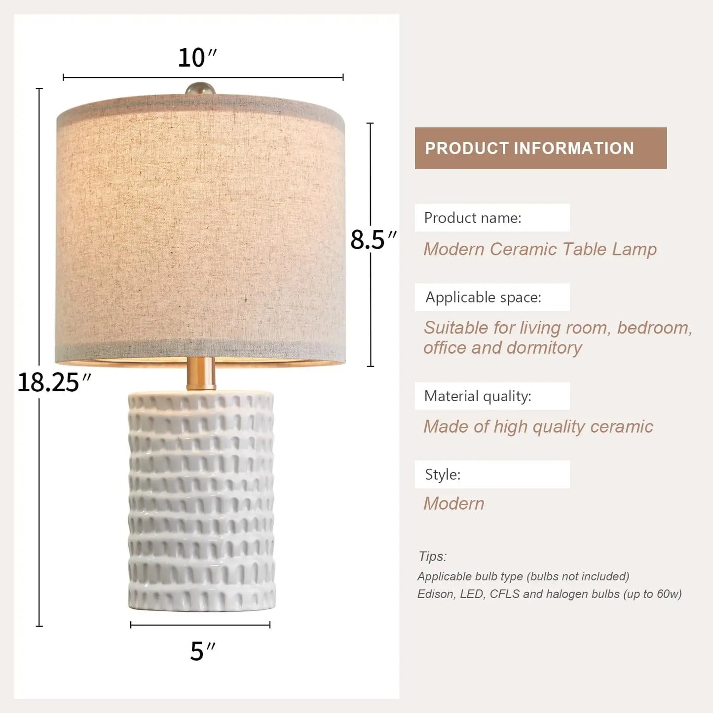 18.25in Modern Accent Ceramic Table Lamp Set of 2 for Bedroom, lamps for Living, Room Study, Room Office
