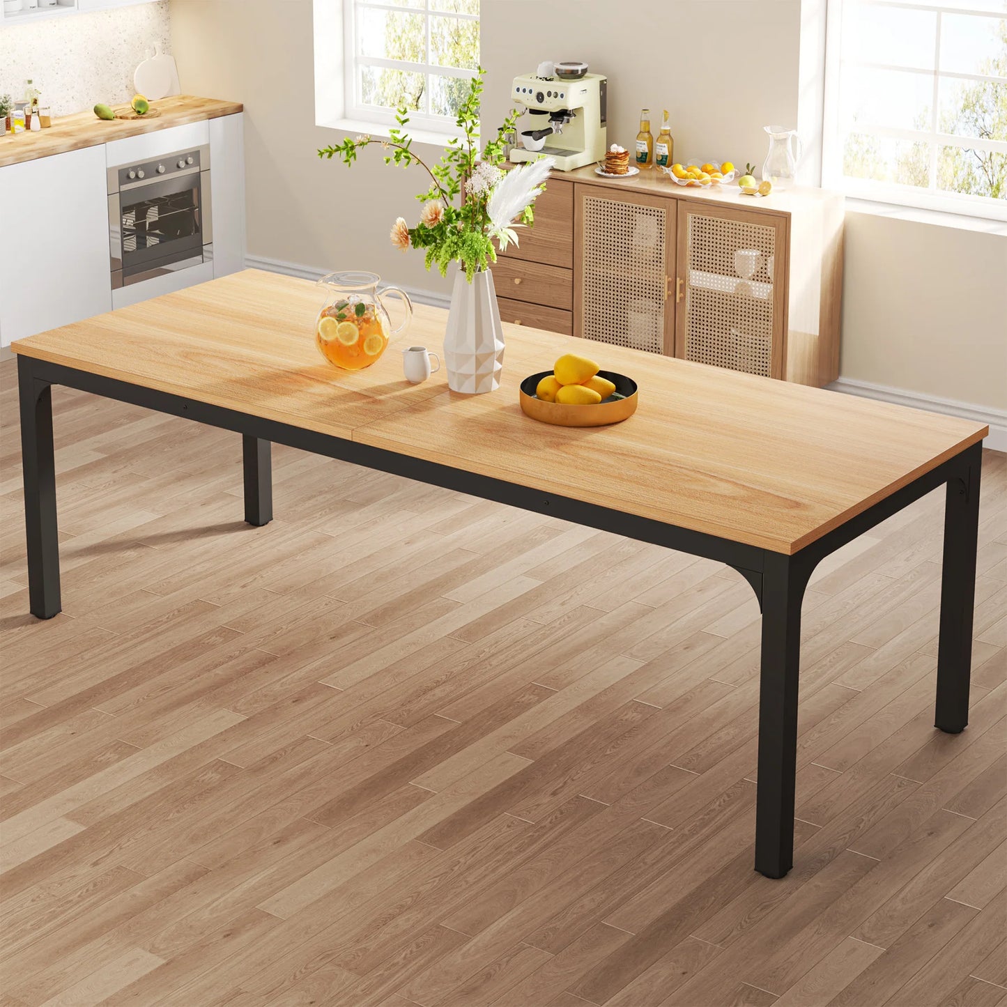 Dining Table for 6-8 People, 200cm Large Narrow Long Rectangular Kitchen Dinner Table, Rustic Wood