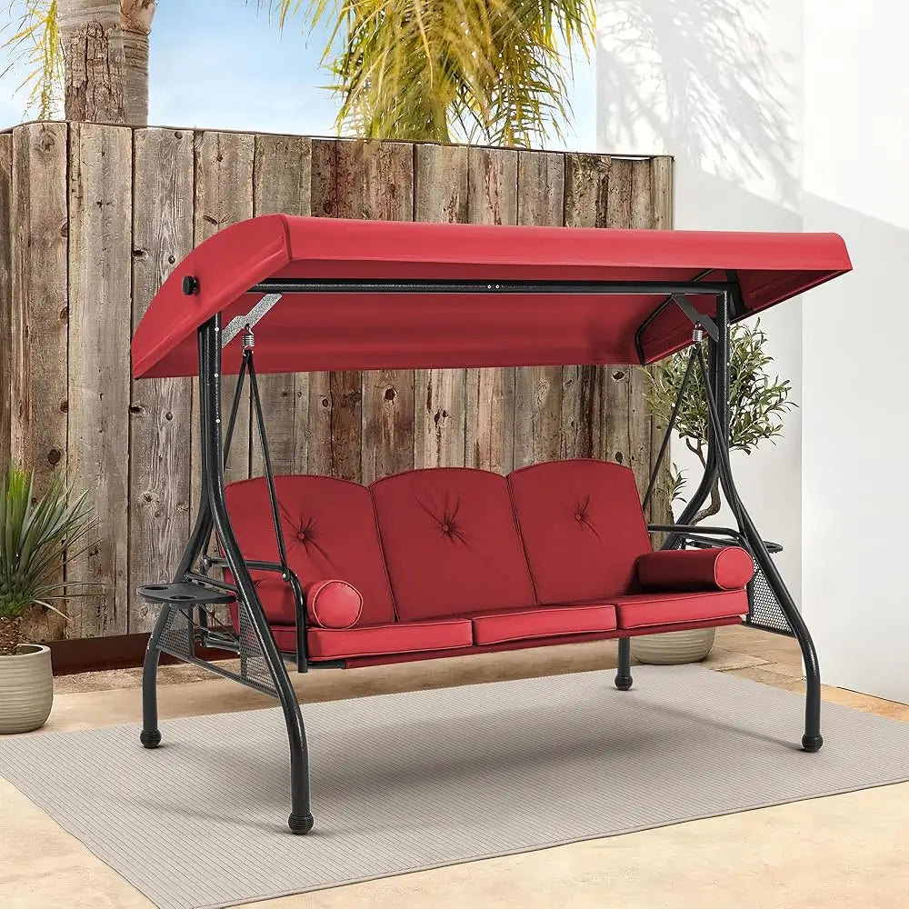3 Seat Porch Swing W/Adjustable Canopy, Convertible Patio Swings Bed with Stand and Upgraded Cup Holder, Thicken Cushions&Pillow