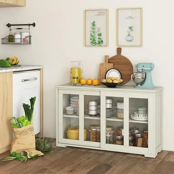Buffet Sideboard with Storage, with Sliding Tempered Glass Cabinet & Adjustable Shelf, Stackable Storage