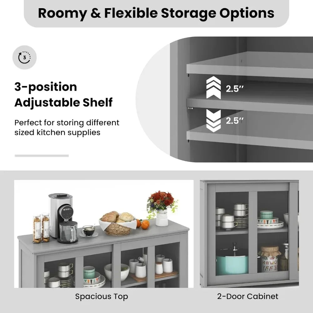 Buffet Sideboard with Storage, with Sliding Tempered Glass Cabinet & Adjustable Shelf, Stackable Storage