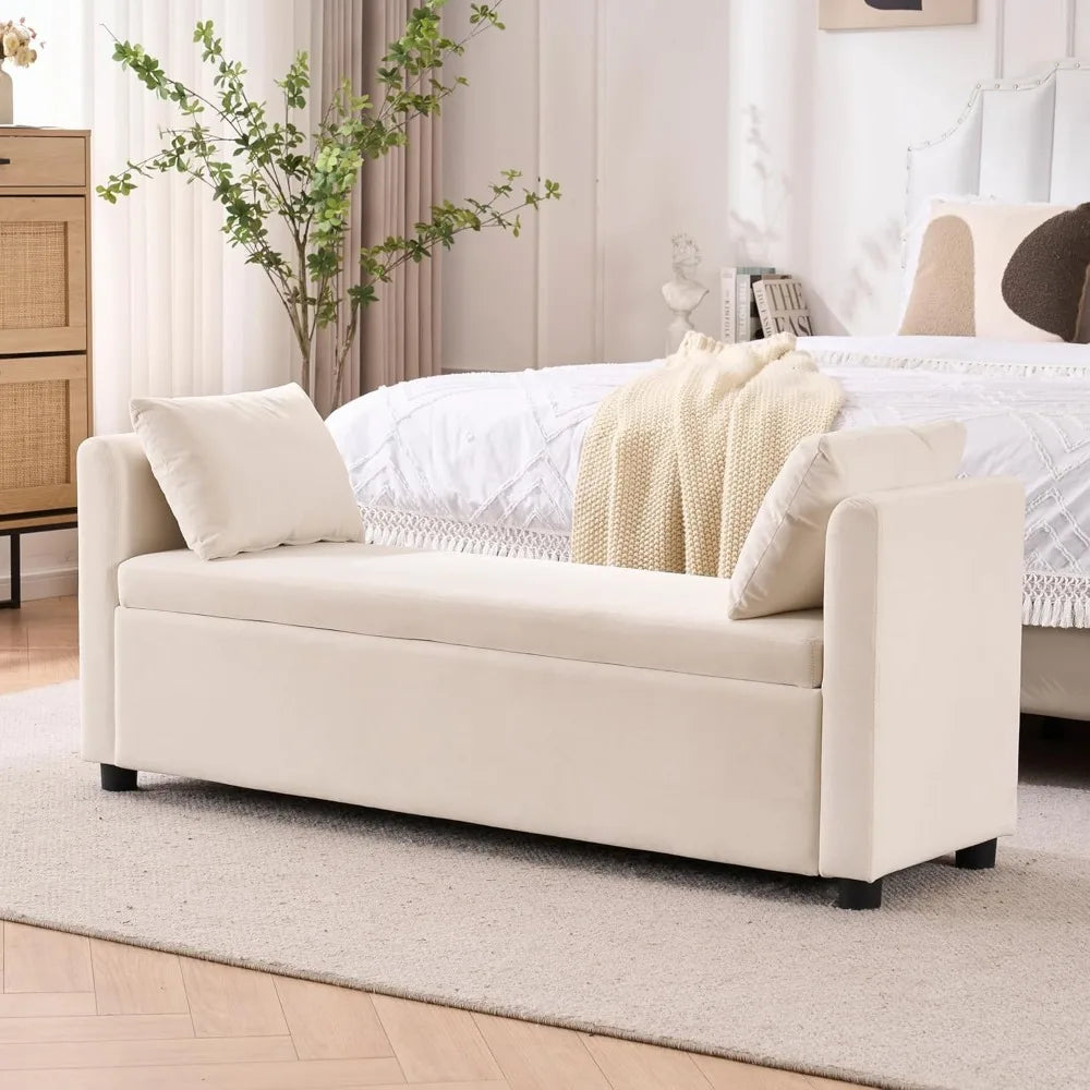 55" End of Bed Bench for King Size Bed, Upholstered Long Ottoman Bench with Arms and 2 Pillows