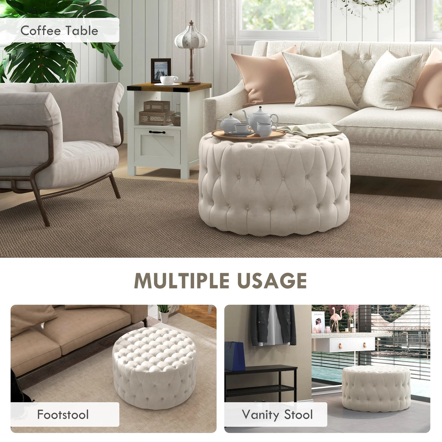 Button Tufted Ottoman Foot Stool with Velvet-feel Upholstery, Beige