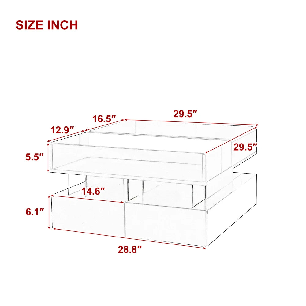 Glass Top Lift-Top Coffee Table with 2 Drawers,High-Gloss Finish,Hidden Space and LED Lights for Living Room