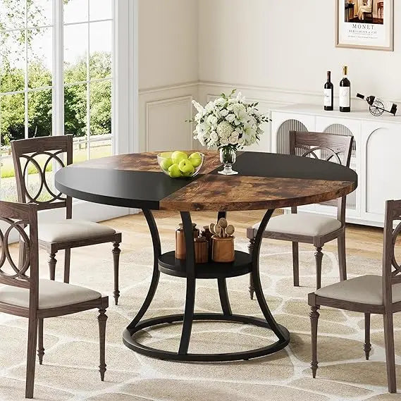 47 inch Wood Dining Room Table with Storage Shelf, Farmhouse Kitchen Table with Metal Base