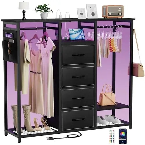 Dresser for Bedroom with 2 Clothes Racks, 4 Drawer Dresser with Led Light and Charging Station,White Dresser with Hanging Rack