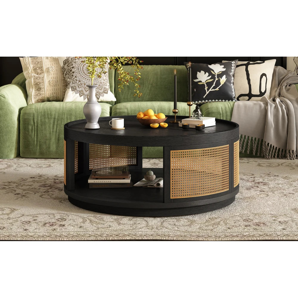 36.8'' Wooden Table, Round Cane Coffee Table with PE Rattan Side for Living Room,Brown