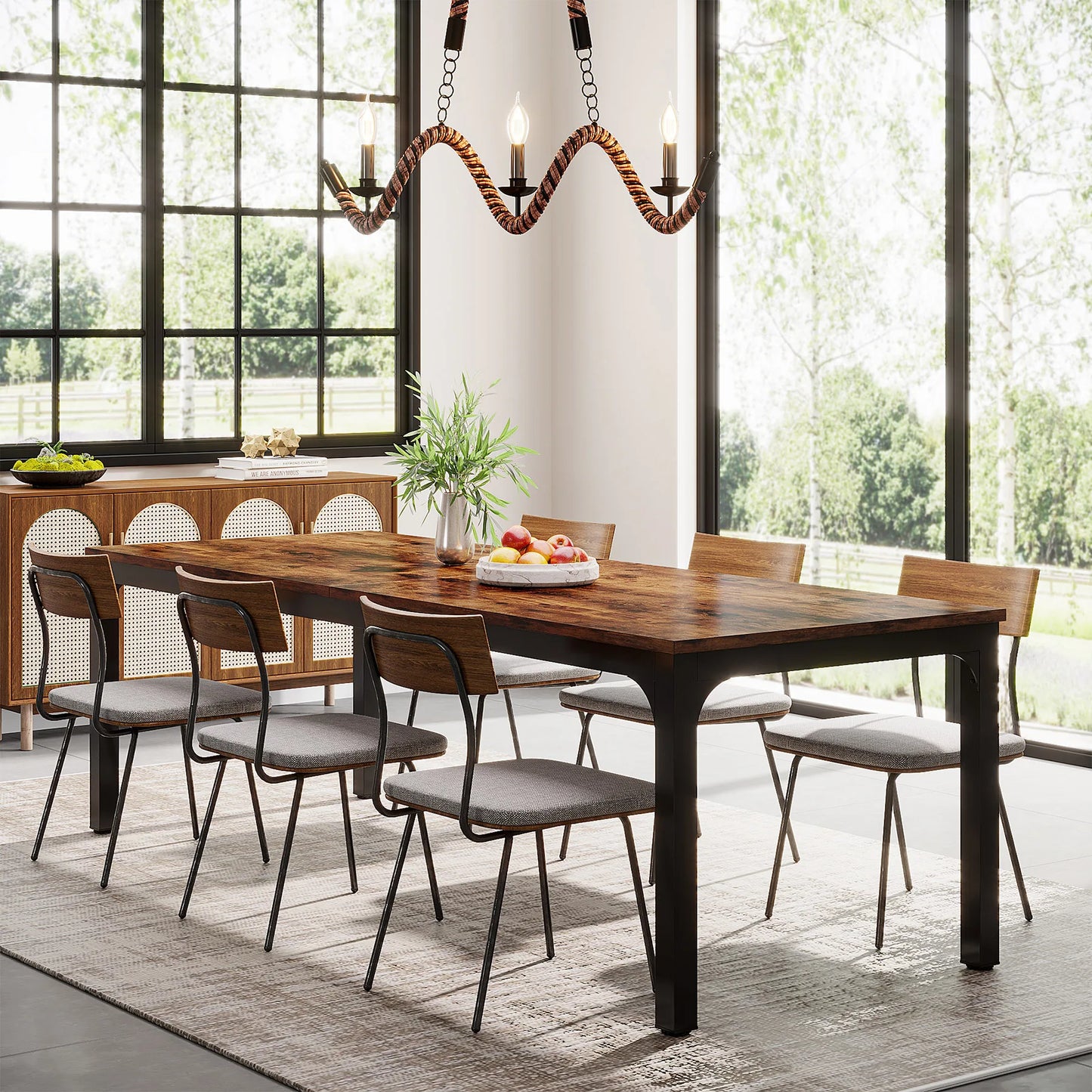 Dining Table for 6-8 People, 200cm Large Narrow Long Rectangular Kitchen Dinner Table, Rustic Wood