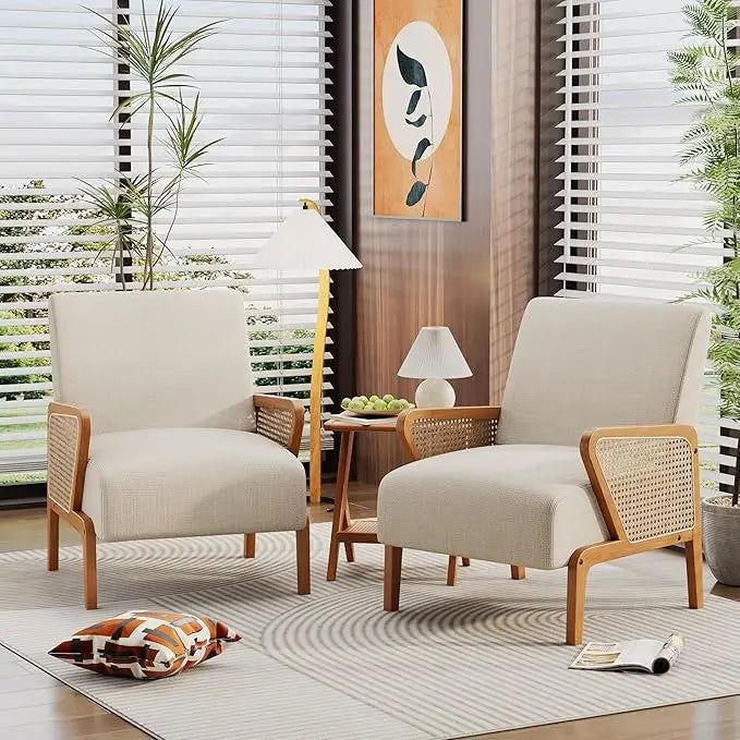Natural Rattan Living Room Chairs Accent Chair Armchair Set of 2 Modern Fabric Slipper Club Chair