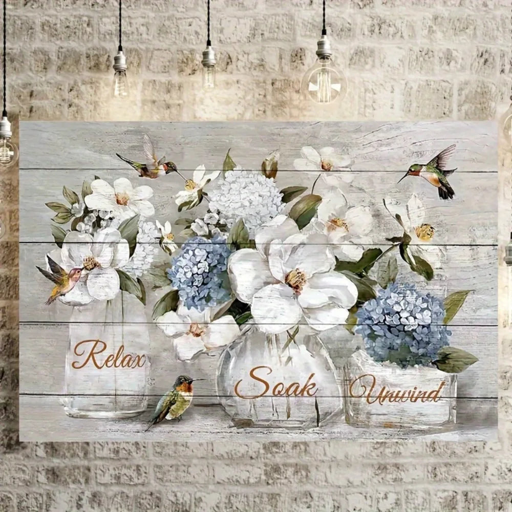 1.5 inch thick pine frame rustic farmhouse canvas wall art, elegant white floral and hummingbird design, interior decor