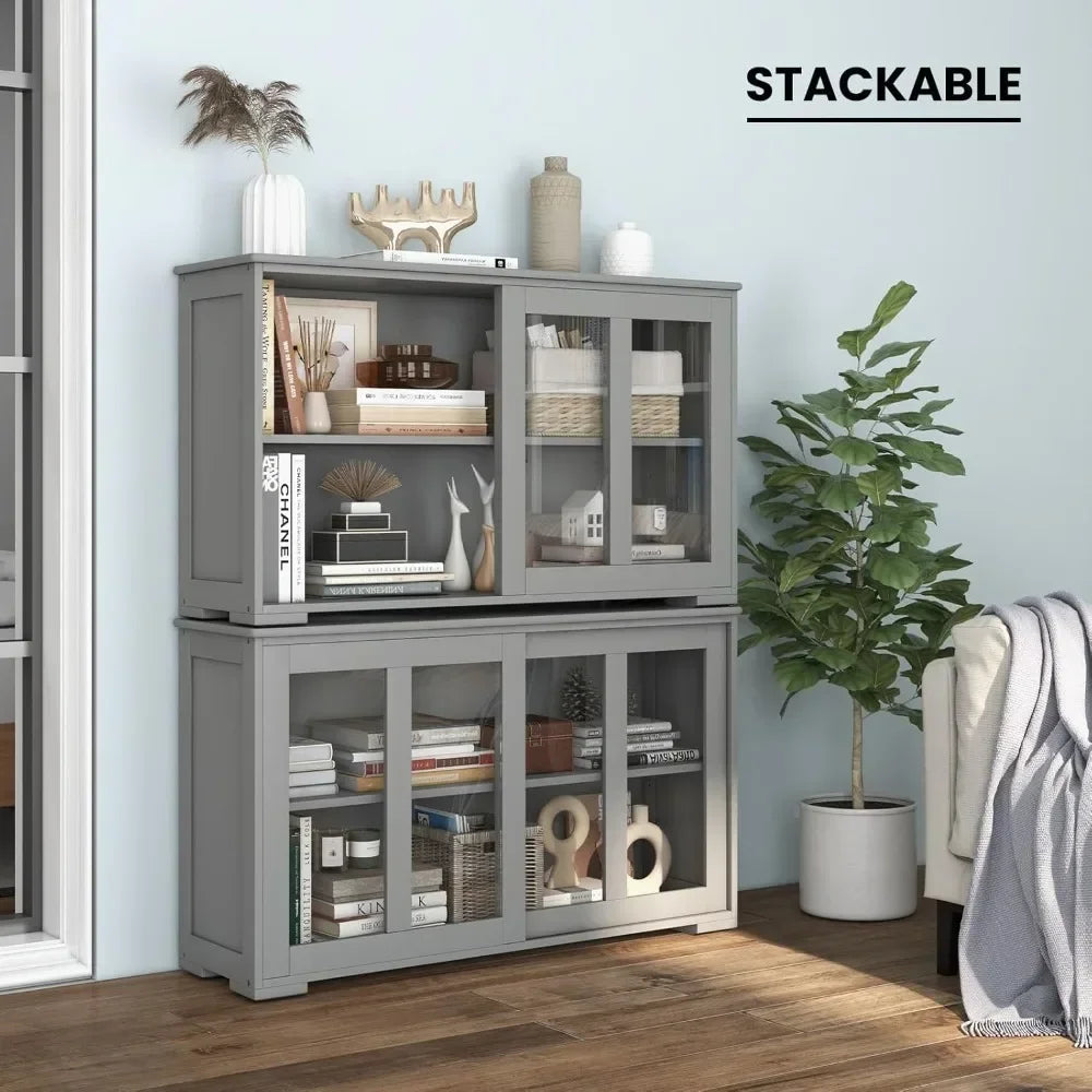 Buffet Sideboard with Storage, with Sliding Tempered Glass Cabinet & Adjustable Shelf, Stackable Storage