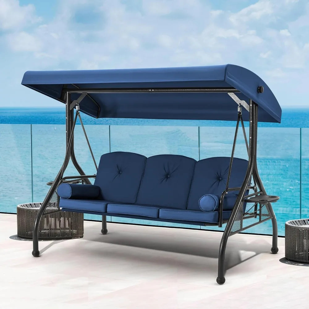 3 Seat Porch Swing W/Adjustable Canopy, Convertible Patio Swings Bed with Stand and Upgraded Cup Holder, Thicken Cushions&Pillow