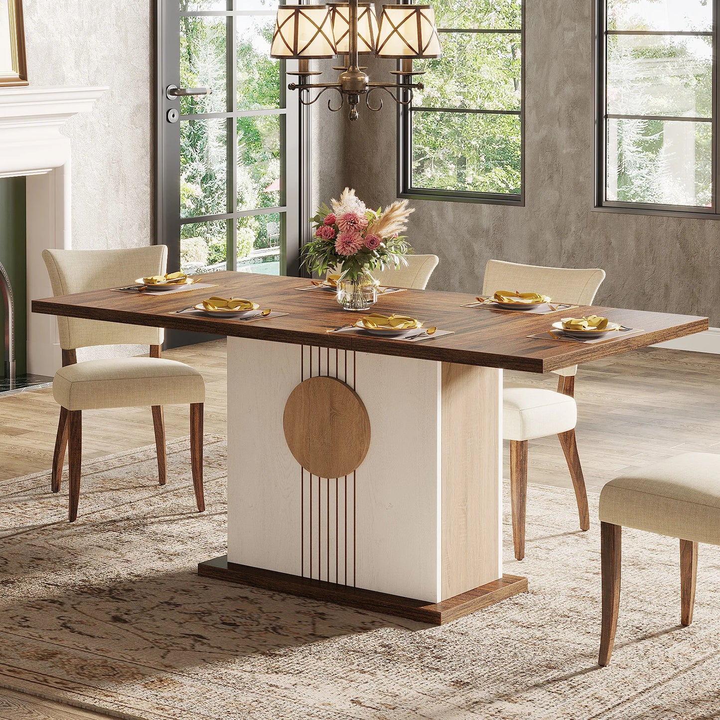 55" Rectangular Dining Table for 4 to 6 People, Farmhouse Wood Dinner Table for Kitchen, Dining Room & Living Room