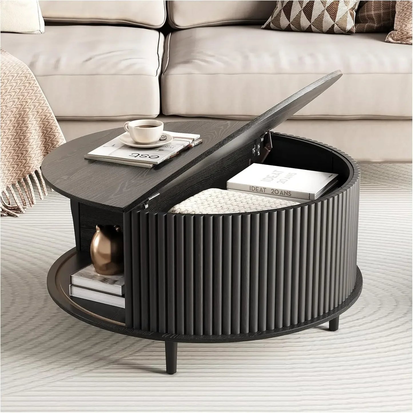 Round Coffee Table with Storage with Sliding Cabinet Door for Living Room