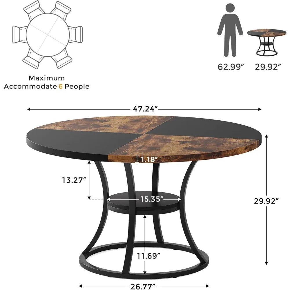 47 inch Wood Dining Room Table with Storage Shelf, Farmhouse Kitchen Table with Metal Base
