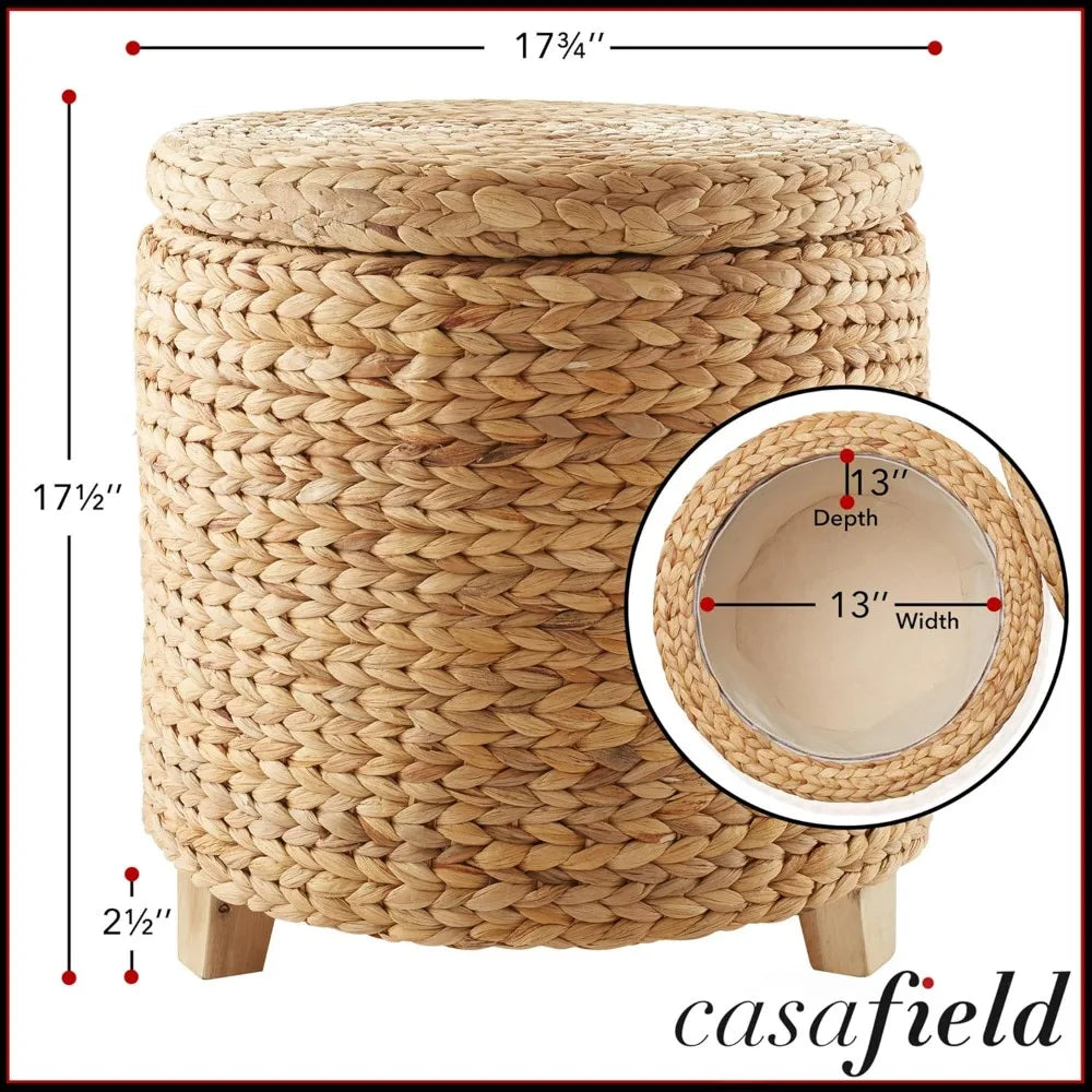 17" Round Storage Ottoman with Lid - Natural, Handwoven Water Hyacinth Footstool for Living Room