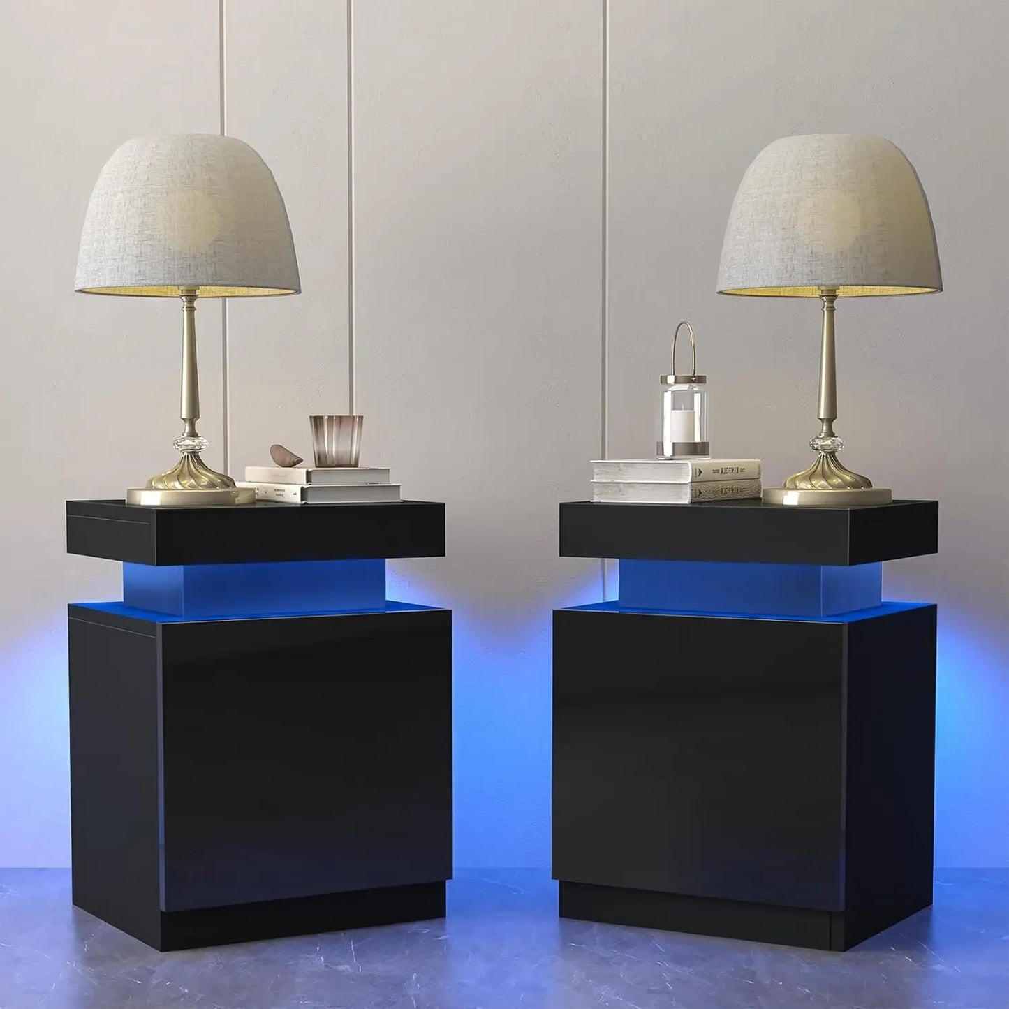 Nightstand Set of 2 with LED Lights,Night Stand with Storage Cabinet for Bedroom,Bedside Table with LED