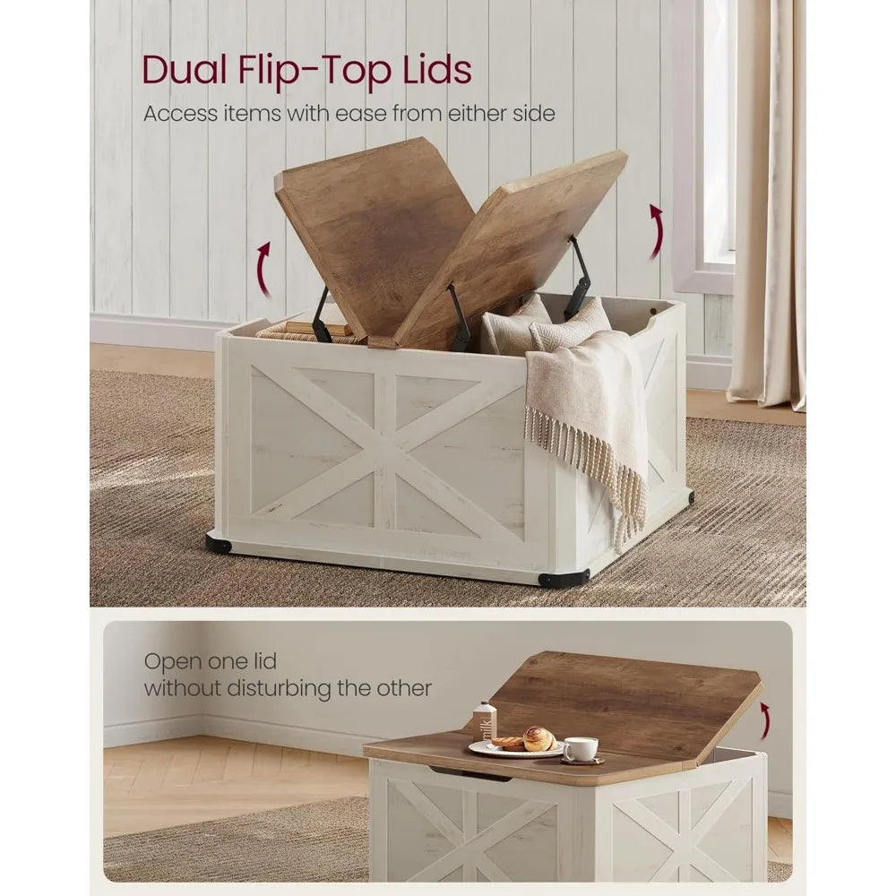 Farmhouse Coffee Table with Storage, Square Coffee Table for Living Room with Flip-Top Lids, Honey Brown and Rust