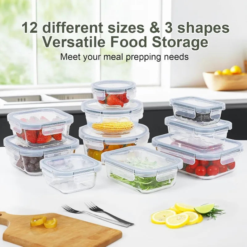 24 Pieces Air tight Glass Meal Prep Containers with Lids, Microwave and Freezer Safe