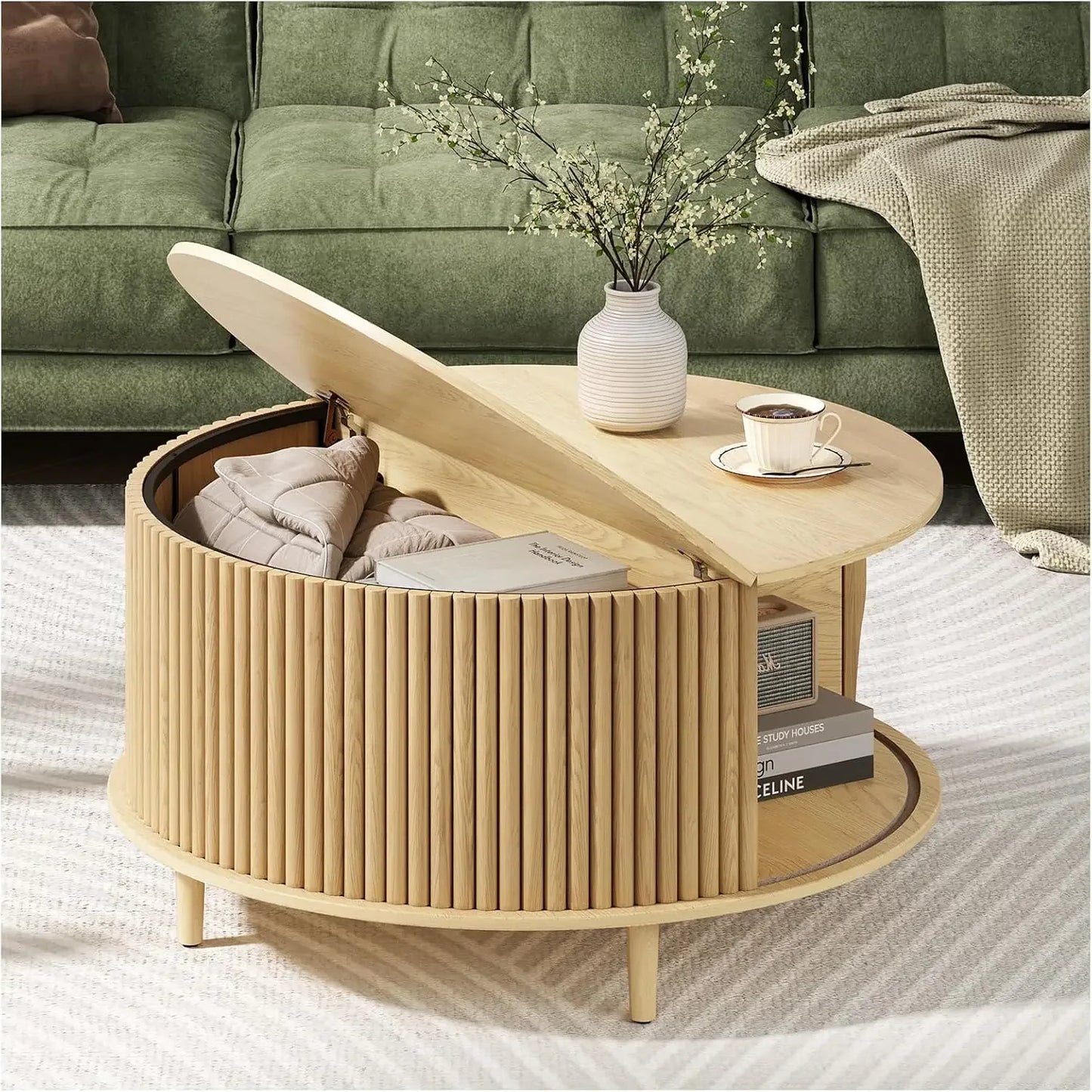 Round Coffee Table with Storage with Sliding Cabinet Door for Living Room