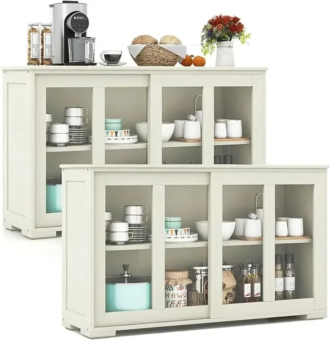 Buffet Sideboard with Storage, with Sliding Tempered Glass Cabinet & Adjustable Shelf, Stackable Storage