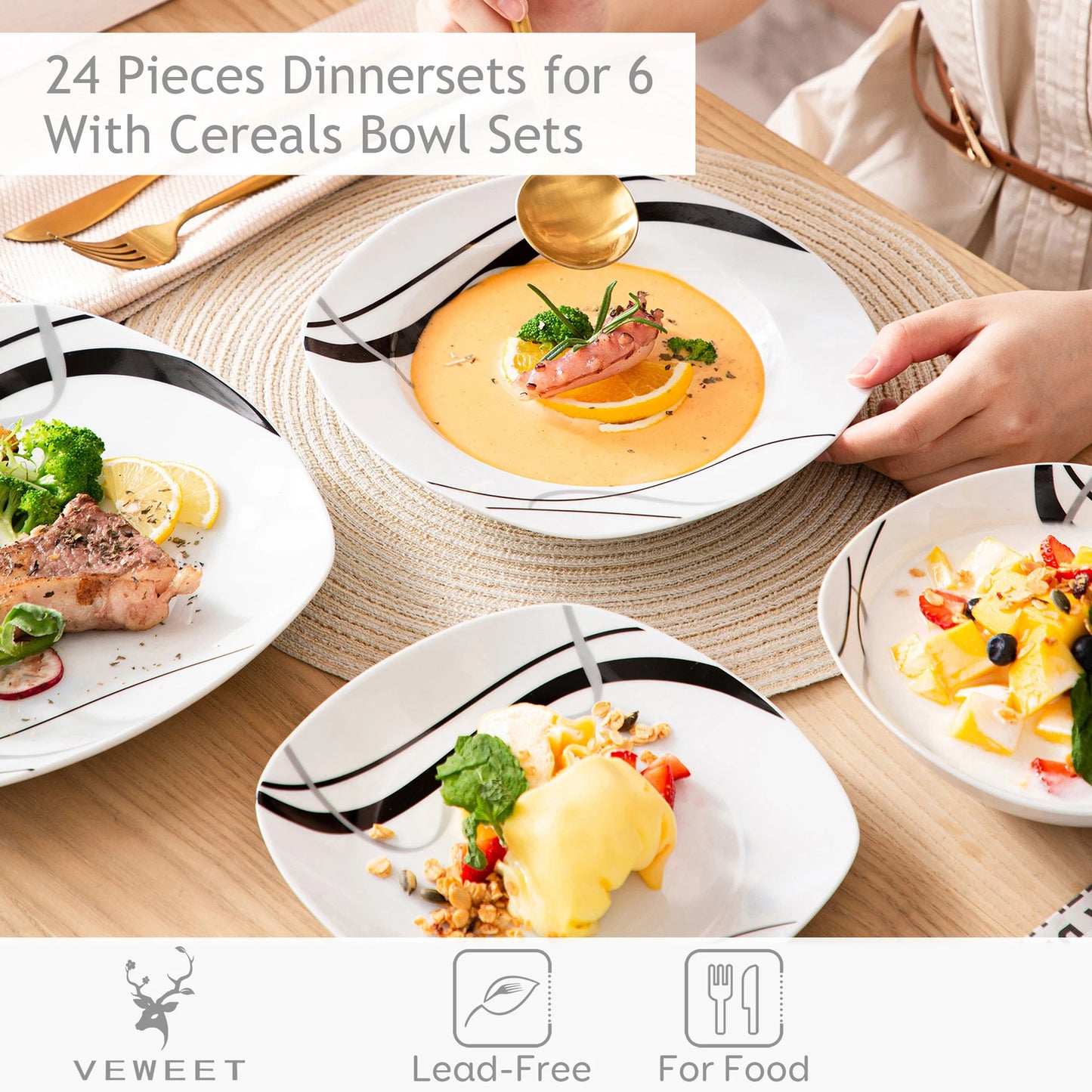 18/36-Piece Porcelain Ceramic Black Line Kitchen Tableware Dishes Plate Set with Dinner Plate,Dessert,Soup Plate